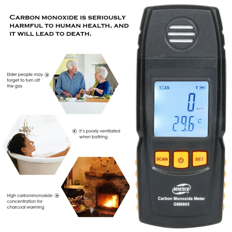 BENETECH GM8805 จอแสดงผล LCD มือถือคาร์บอนมอนอกไซด์ CO Monitor เครื่องตรวจจับ Meter Tester, ช่วงการวัด: 0-1000ppm