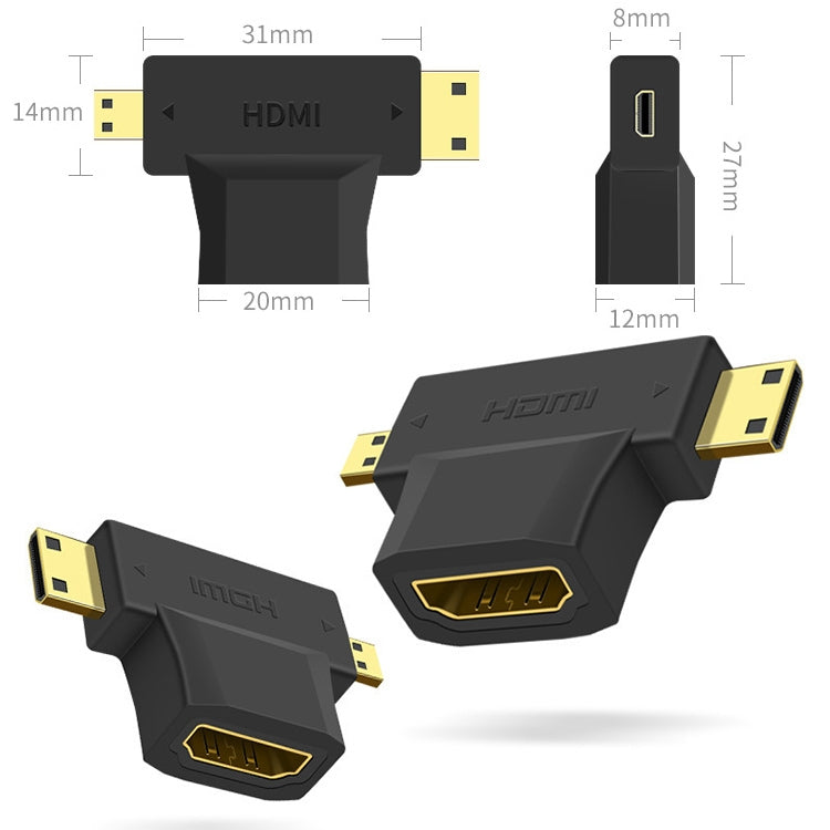 3 in 1 HDMI Female เป็น Mini HDMI Male + Micro HDMI Male Adapter, HDMI Female to Mini HDMI+Micro HDMI