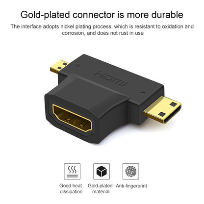 3 in 1 HDMI Female เป็น Mini HDMI Male + Micro HDMI Male Adapter, HDMI Female to Mini HDMI+Micro HDMI