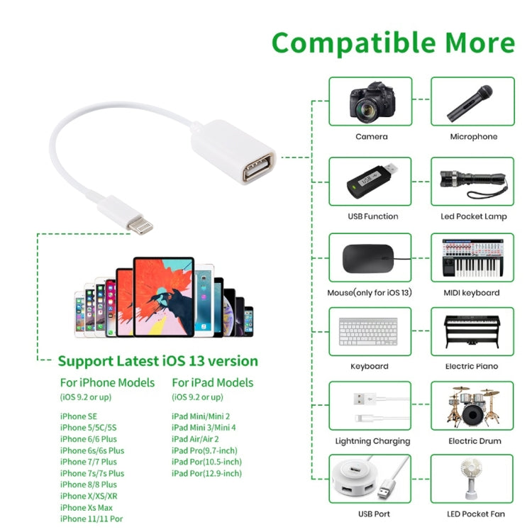 สายอะแดปเตอร์ USB Female ถึง 8pin Male OTG รองรับ iOS 10.2 และต่ำกว่า ความยาว: 18 ซม