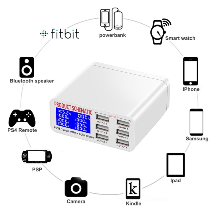 WLX-899 เครื่องชาร์จ USB 30W 5V 6A เอาต์พุต 3.5A เครื่องชาร์จ USB 6 พอร์ตความเร็วสูงสูงสุดพร้อมจอแสดงผลดิจิตอลและสายเคเบิล 1.5 ม., WLX-899