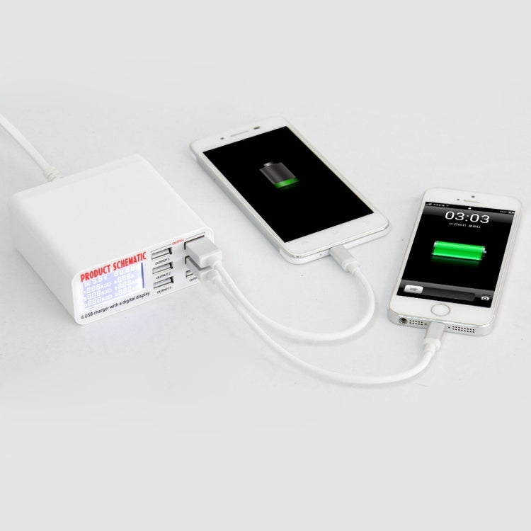 WLX-899 เครื่องชาร์จ USB 30W 5V 6A เอาต์พุต 3.5A เครื่องชาร์จ USB 6 พอร์ตความเร็วสูงสูงสุดพร้อมจอแสดงผลดิจิตอลและสายเคเบิล 1.5 ม., WLX-899
