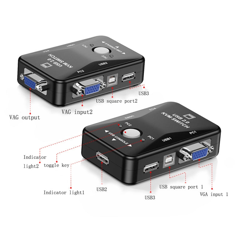 KVM-21UA 2 พอร์ต USB KVM Switch Box พร้อมปุ่มควบคุมสำหรับ PC คีย์บอร์ด เมาส์ Monitor, 2 Ports (with USB)