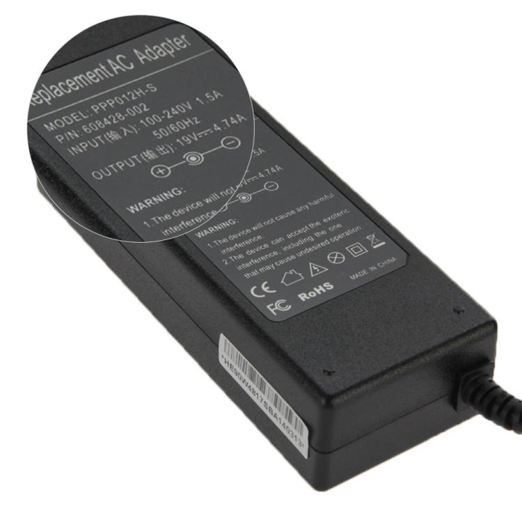 อะแดปเตอร์ AC 19V 4.74A สำหรับแล็ปท็อป HP เคล็ดลับเอาต์พุต: 4.8 มม. x 1.7 มม., 19V 4.74A