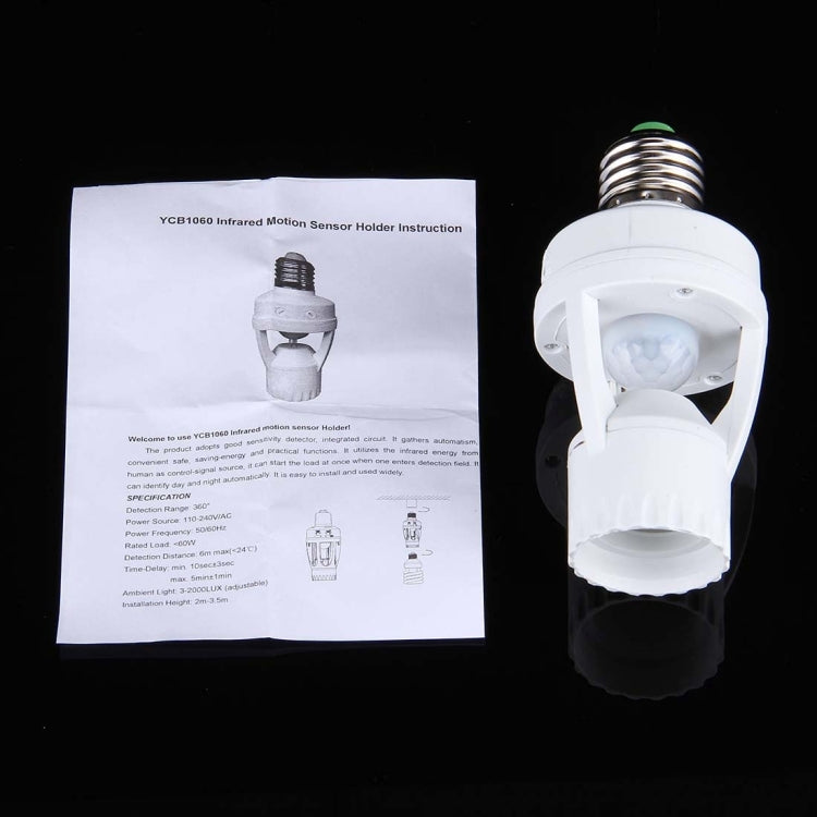YCB1060 360 องศา E27 60W PIR Motion Sensor ที่ยึดโคมไฟ, ช่วงการตรวจจับ: ประมาณ 6 ม., AC 110-240V