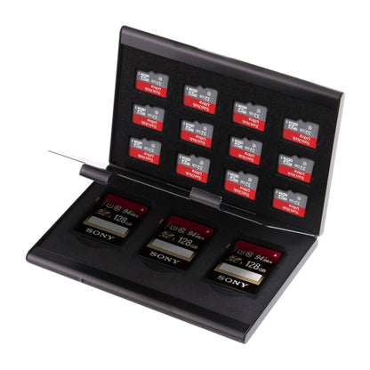 15 in 1 การ์ดหน่วยความจำอลูมิเนียมอัลลอยด์ป้องกัน เคส กล่องสำหรับ 3 SD + 12 การ์ด TF, 3 SD + 12 TF Black
