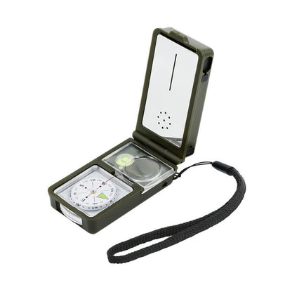 10 in 1 (เทอร์โมมิเตอร์, ไฮโกรมิเตอร์, ไฟ LED, ตัวสะท้อนแสง, ระดับจิตวิญญาณ, เข็มทิศ, นกหวีด, หินเหล็กไฟ, แว่นขยาย, ไม้บรรทัด) เข็มทิศแบบพกพามัลติฟังก์ชั่น, 10 in 1
