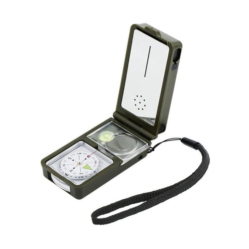10 in 1 (เทอร์โมมิเตอร์, ไฮโกรมิเตอร์, ไฟ LED, ตัวสะท้อนแสง, ระดับจิตวิญญาณ, เข็มทิศ, นกหวีด, หินเหล็กไฟ, แว่นขยาย, ไม้บรรทัด) เข็มทิศแบบพกพามัลติฟังก์ชั่น, 10 in 1