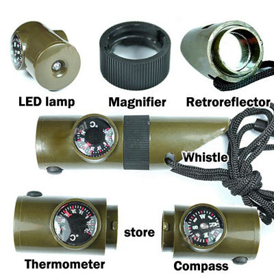 7 in 1 (นกหวีดเอาตัวรอด / เข็มทิศ / เครื่องวัดอุณหภูมิ / ไฟ LED / แว่นขยาย / ตัวสะท้อนกลับ / เชือก), 7 in 1  Survival Whistle