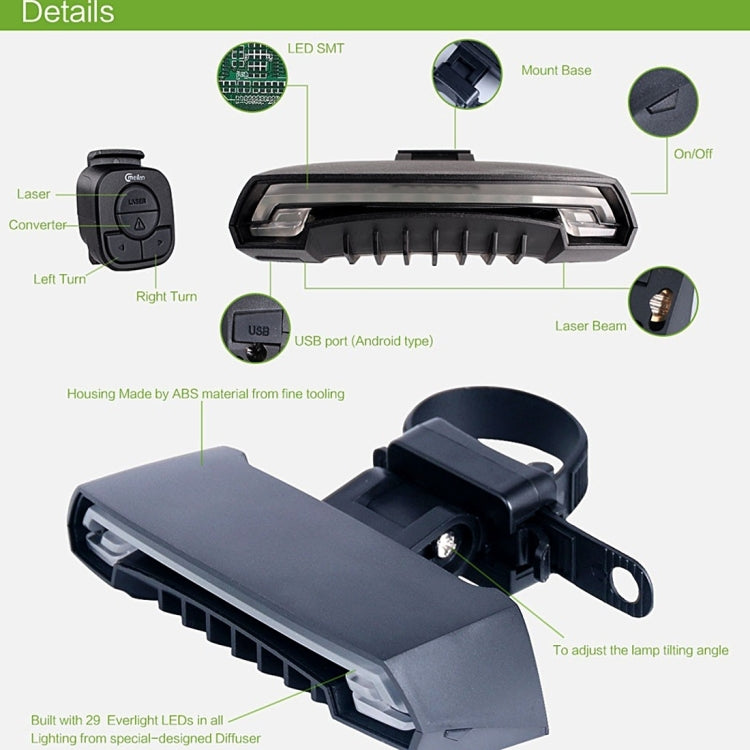 ไฟท้ายเลเซอร์ควบคุมระยะไกลไร้สาย Meilan X5 สำหรับจักรยาน ระดับกันน้ำ: IPX4, Wireless Remote Control Laser Tail Lamp