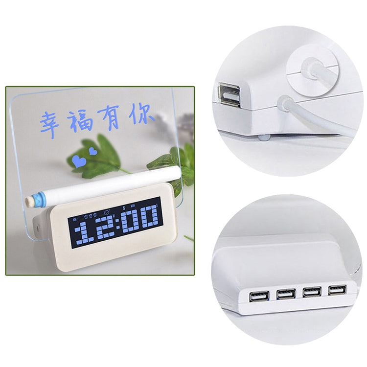 เครื่องวัดอุณหภูมินาฬิกาปลุกดิจิตอล LCD มัลติฟังก์ชั่น + ฮับ USB 4 พอร์ต + กระดานข้อความพร้อมไฟพื้นหลัง LCD สีน้ำเงินหรือสีเขียว, USB Message Board