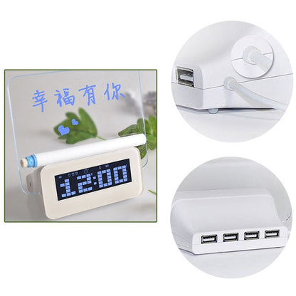 เครื่องวัดอุณหภูมินาฬิกาปลุกดิจิตอล LCD มัลติฟังก์ชั่น + ฮับ USB 4 พอร์ต + กระดานข้อความพร้อมไฟพื้นหลัง LCD สีน้ำเงินหรือสีเขียว, USB Message Board