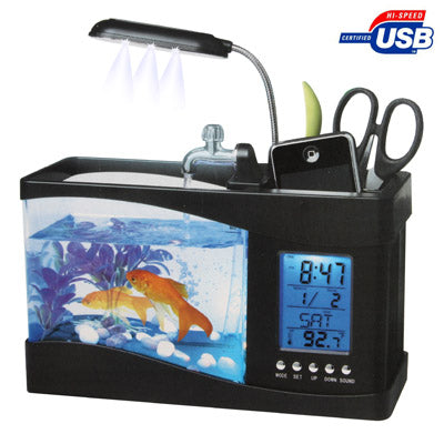 USB Desktop Aquarium ตู้ปลาขนาดเล็กพร้อมน้ำไหลและไฟ LED 6 ดวง, การแสดงนาฬิกา LCD พร้อมปฏิทิน, เวลาและนาฬิกาปลุก (ถือน้ำได้ 1.5 ควอร์ต)