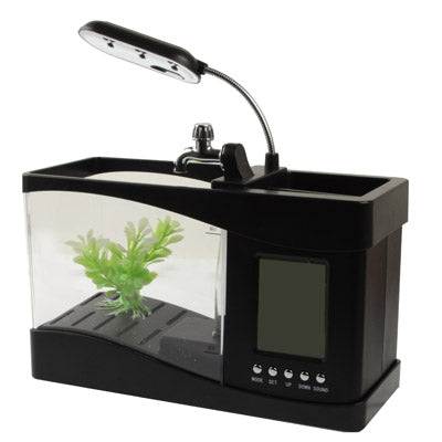 USB Desktop Aquarium ตู้ปลาขนาดเล็กพร้อมน้ำไหลและไฟ LED 6 ดวง, การแสดงนาฬิกา LCD พร้อมปฏิทิน, เวลาและนาฬิกาปลุก (ถือน้ำได้ 1.5 ควอร์ต)