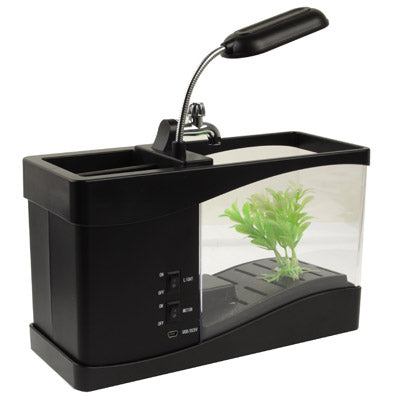 USB Desktop Aquarium ตู้ปลาขนาดเล็กพร้อมน้ำไหลและไฟ LED 6 ดวง, การแสดงนาฬิกา LCD พร้อมปฏิทิน, เวลาและนาฬิกาปลุก (ถือน้ำได้ 1.5 ควอร์ต)