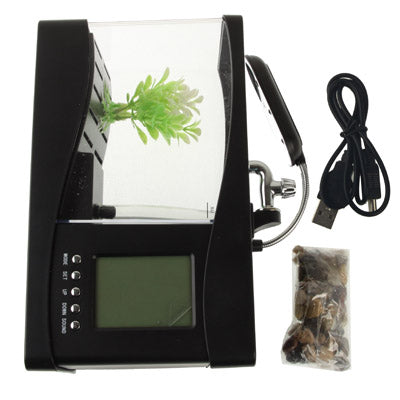 USB Desktop Aquarium ตู้ปลาขนาดเล็กพร้อมน้ำไหลและไฟ LED 6 ดวง, การแสดงนาฬิกา LCD พร้อมปฏิทิน, เวลาและนาฬิกาปลุก (ถือน้ำได้ 1.5 ควอร์ต)