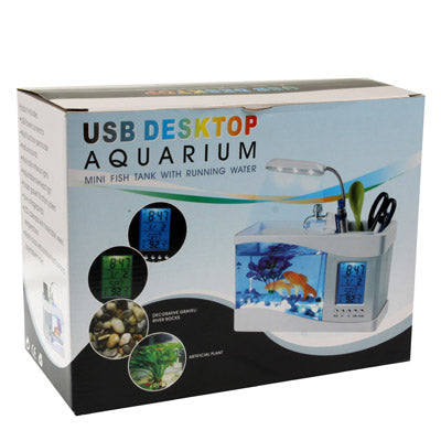 USB Desktop Aquarium ตู้ปลาขนาดเล็กพร้อมน้ำไหลและไฟ LED 6 ดวง, การแสดงนาฬิกา LCD พร้อมปฏิทิน, เวลาและนาฬิกาปลุก (ถือน้ำได้ 1.5 ควอร์ต)
