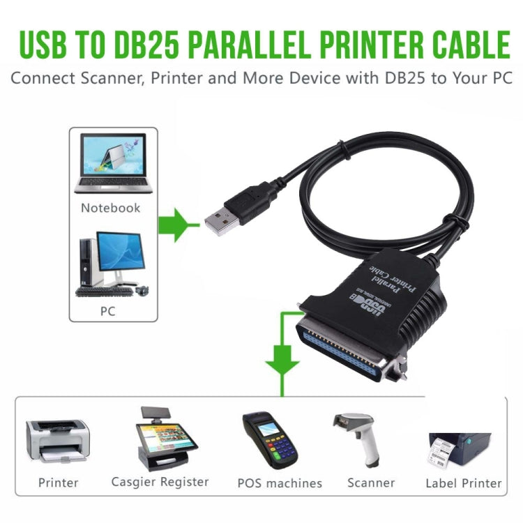 สายอะแดปเตอร์เครื่องพิมพ์ USB เข้ากับ Parallel 1284 36 พิน ความยาวสายเคเบิล: 1 ม, USB 2.0 to IEEE1284 (Black)