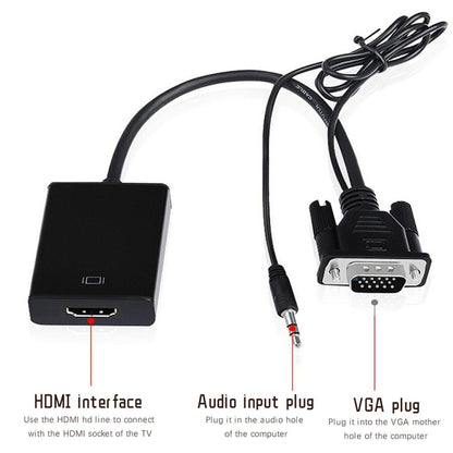 อะแดปเตอร์กล่องแปลงวิดีโอ VGA + เสียงเป็น Full HD 1080P HDMI สำหรับ HDTV, HDMI Female to VGA Male + Adudio Black