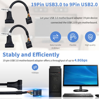 USB 2.0 9Pin เมนบอร์ดหญิงกับ USB 3.0 19Pin ที่อยู่อาศัยสายเคเบิลอะแดปเตอร์ชาย, ความยาว: 15 ซม., 9 Pin Female to 19 Pin Male