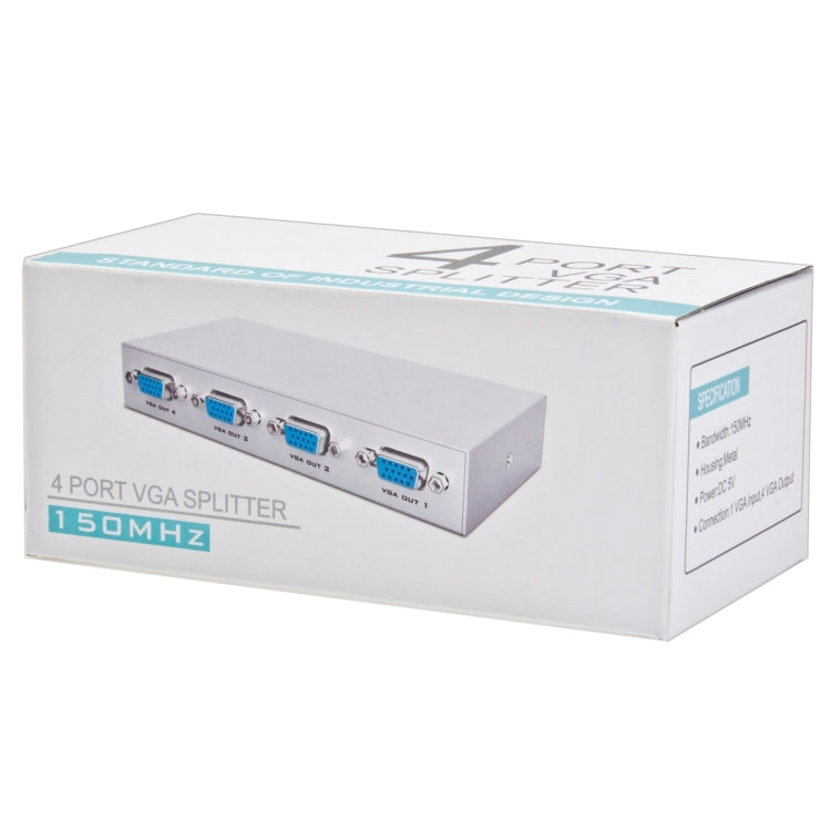 4 พอร์ต 150MHz VGA Splitter (1 อินพุต VGA, 4 เอาต์พุต VGA), 4 Ports Splitter Silver