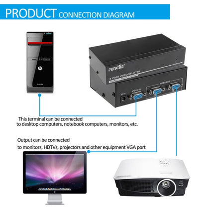 FJ-2502A 2 พอร์ต VGA Video Splitter ความละเอียดสูง 1920 x 1440 รองรับแบนด์วิดท์วิดีโอ 250MHz, 2 Ports Splitter Black