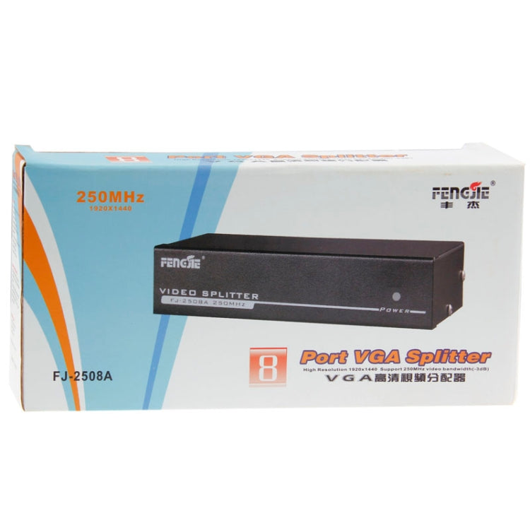 FJ-2508A 8 พอร์ต VGA Video Splitter ความละเอียดสูง 1920 x 1440 รองรับแบนด์วิดท์วิดีโอ 250MHz, 8 Ports Splitter Black