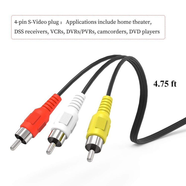 4 พิน S-Video ถึง 3 RCA AV TV อะแดปเตอร์แปลงสายเคเบิลชาย, ความยาว: 1.5 ม, S-Video to AV 3RCA Male