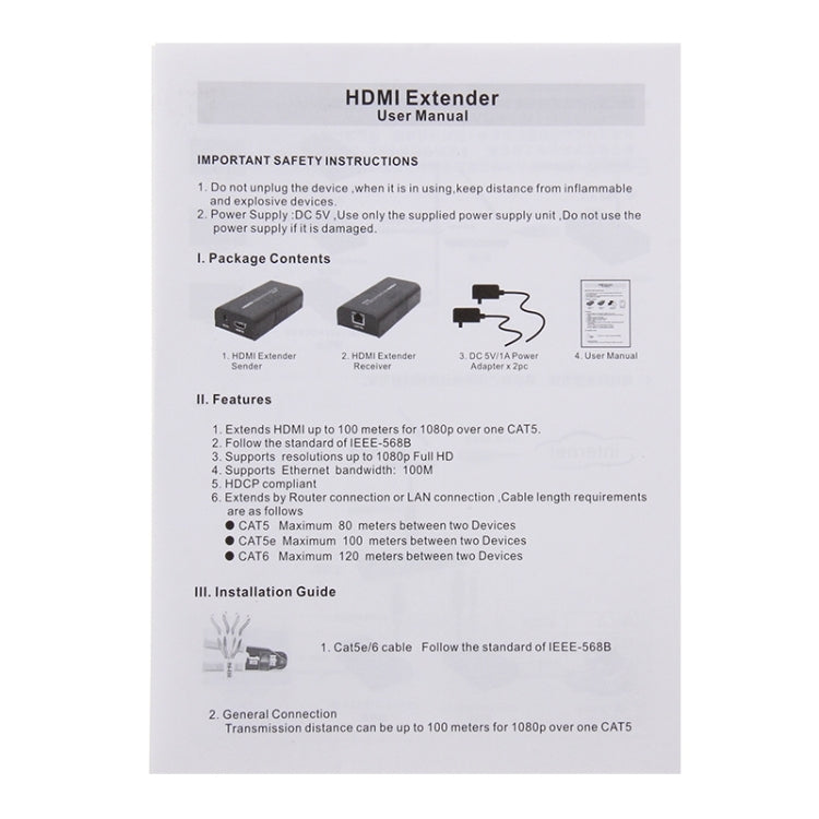 HDMI Extender ผ่านสาย UTP CAT5e/6 เส้นเดียว ระยะการส่งข้อมูล: 100 ม, 100m