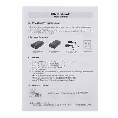 HDMI Extender ผ่านสาย UTP CAT5e/6 เส้นเดียว ระยะการส่งข้อมูล: 100 ม, 100m