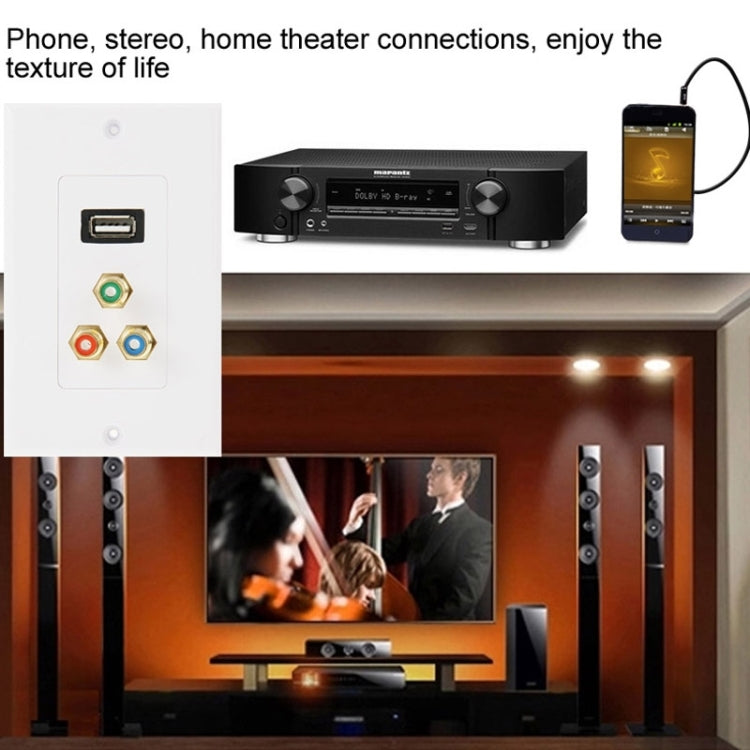 ปลั๊กตัวเมีย USB 2.0 + ปลั๊กตัวเมีย RCA 3 แผ่นแผงผนัง