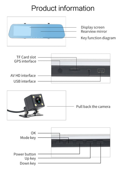 Full HD 1080P 4.3 นิ้วหน้าจอแสดงผลกล้องคู่รถ DVR, การดูมุมกว้าง 140 องศา, รองรับการมองเห็นตอนกลางคืน / การตรวจสอบที่จอดรถ / การบันทึก Loop / การตรวจจับการเคลื่อนไหว / G-Sensor / การ์ด TF, 4.3 inch