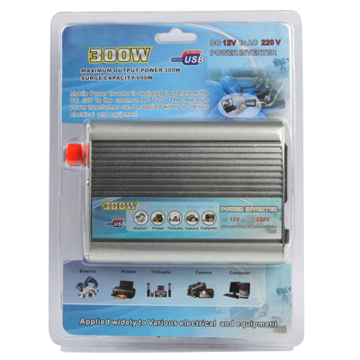 เครื่องแปลงไฟรถยนต์ 300W DC 12V เป็น AC 220V พร้อมพอร์ต USB และเครื่องชาร์จในรถยนต์, 300W DC 12V to AC 220V