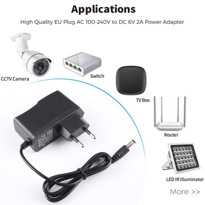 EU Plug AC 100-240V เป็น DC 6V 2A Power Adapter, เคล็ดลับ: 5.5 x 2.1 มม., ความยาวสายเคเบิล: 1.1 ม., EU Plug DC 6V 2A