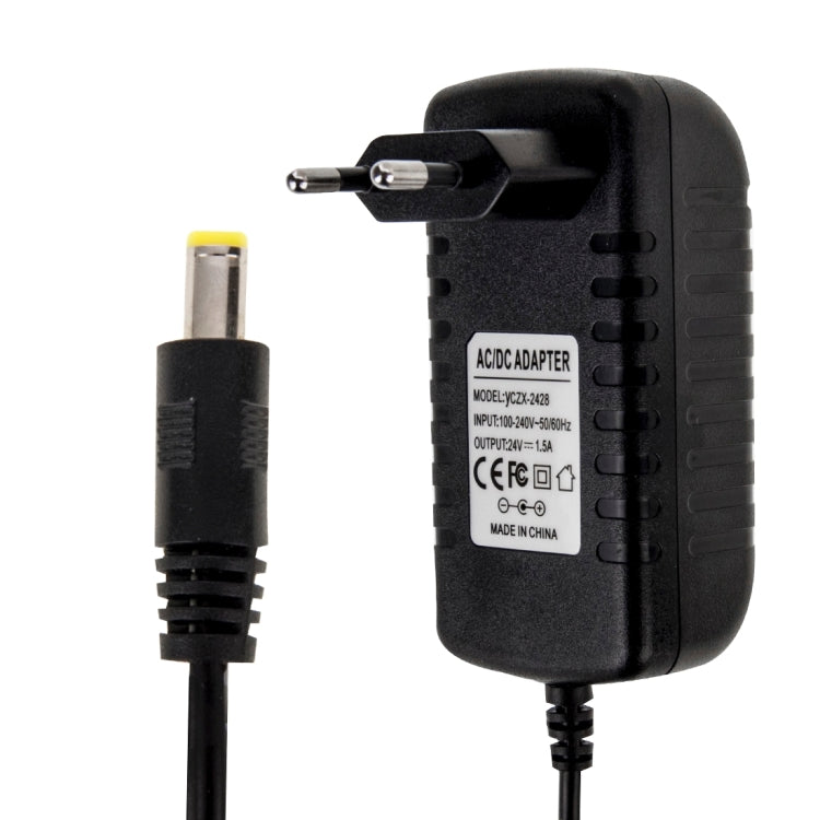 EU Plug AC 100-240V ถึง DC 24V 1.5A Power Adapter, เคล็ดลับ: 5.5 x 2.1 มม., ความยาวสายเคเบิล: ประมาณ 1.2 ม., EU Plug DC 24V 1.5A
