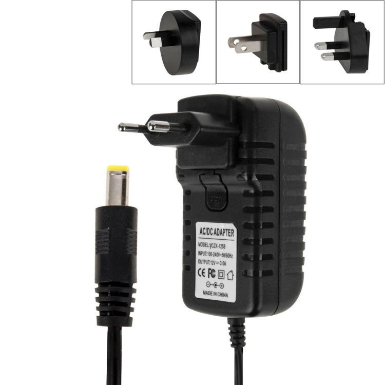 ปลั๊ก EU 4 in 1 + ปลั๊ก US + ปลั๊ก UK + ปลั๊ก AU ปลั๊กไฟ AC 100-240V ถึง DC 12V 3A เคล็ดลับ: 5.5 x 2.1 มม. ความยาวสายเคเบิล: ประมาณ 1.2 ม., EU+US+UK+AU Plug