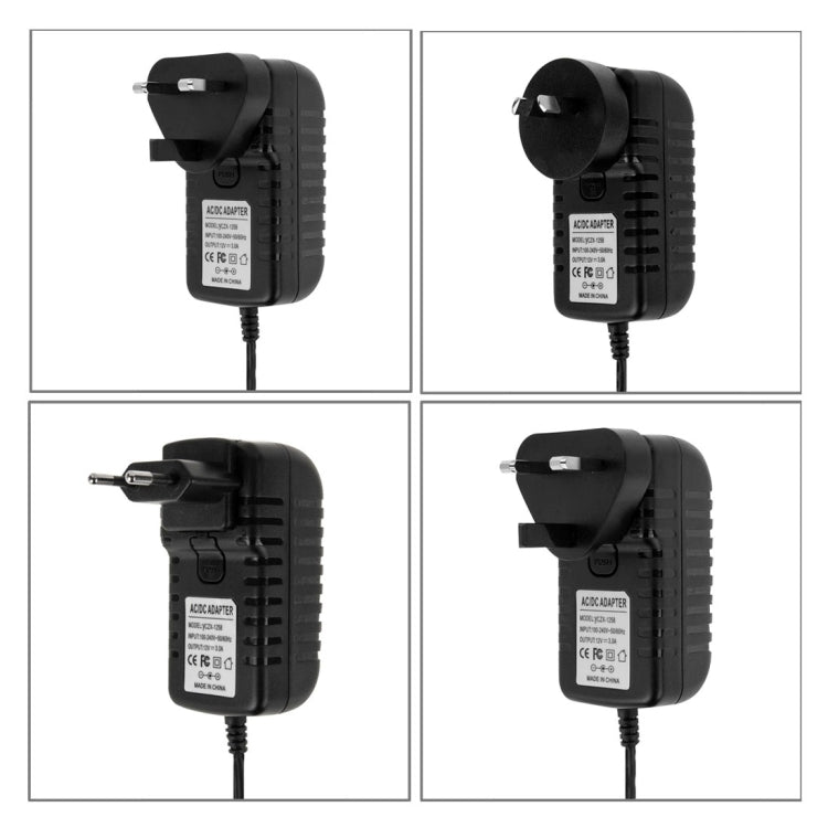 ปลั๊ก EU 4 in 1 + ปลั๊ก US + ปลั๊ก UK + ปลั๊ก AU ปลั๊กไฟ AC 100-240V ถึง DC 12V 3A เคล็ดลับ: 5.5 x 2.1 มม. ความยาวสายเคเบิล: ประมาณ 1.2 ม., EU+US+UK+AU Plug