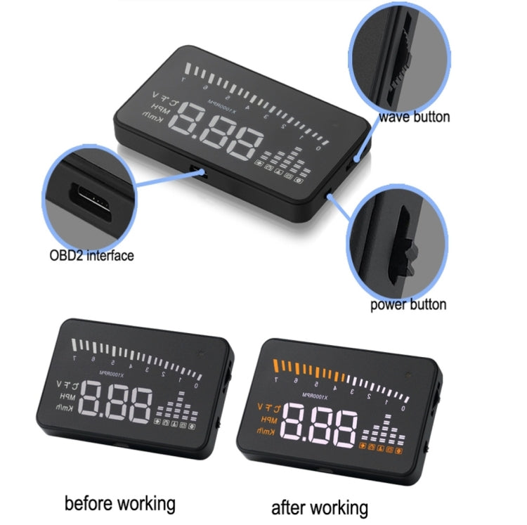 X5 HUD จอแสดงผลบนกระจกหน้ารถอเนกประสงค์ขนาด 3 นิ้วพร้อมระบบ OBDII EOBD, เซ็นเซอร์ตรวจจับแสง, ความเร็วในการหมุน, หน่วยความเร็วในการหมุน, เครื่องหมายหน่วย, แรงดันไฟฟ้า, อุณหภูมิของน้ำ, เครื่องหมายเตือน, X5 HUD 3 inch