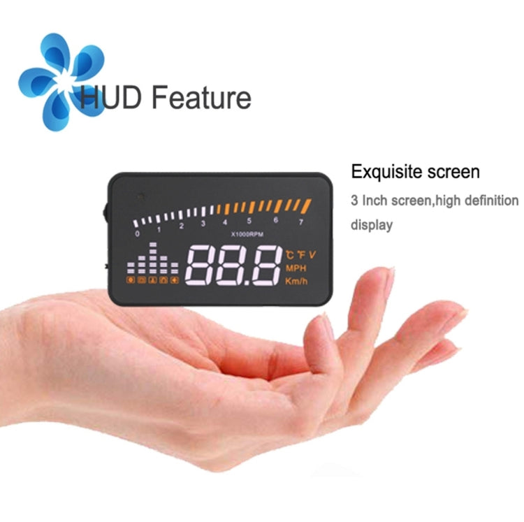 X5 HUD จอแสดงผลบนกระจกหน้ารถอเนกประสงค์ขนาด 3 นิ้วพร้อมระบบ OBDII EOBD, เซ็นเซอร์ตรวจจับแสง, ความเร็วในการหมุน, หน่วยความเร็วในการหมุน, เครื่องหมายหน่วย, แรงดันไฟฟ้า, อุณหภูมิของน้ำ, เครื่องหมายเตือน, X5 HUD 3 inch