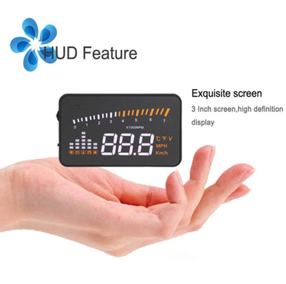 X5 HUD จอแสดงผลบนกระจกหน้ารถอเนกประสงค์ขนาด 3 นิ้วพร้อมระบบ OBDII EOBD, เซ็นเซอร์ตรวจจับแสง, ความเร็วในการหมุน, หน่วยความเร็วในการหมุน, เครื่องหมายหน่วย, แรงดันไฟฟ้า, อุณหภูมิของน้ำ, เครื่องหมายเตือน, X5 HUD 3 inch