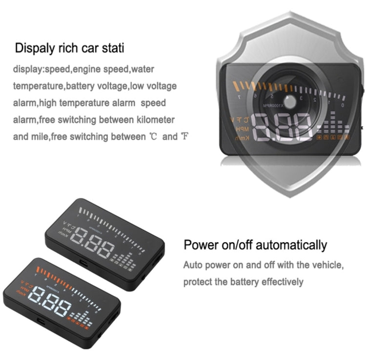 X5 HUD จอแสดงผลบนกระจกหน้ารถอเนกประสงค์ขนาด 3 นิ้วพร้อมระบบ OBDII EOBD, เซ็นเซอร์ตรวจจับแสง, ความเร็วในการหมุน, หน่วยความเร็วในการหมุน, เครื่องหมายหน่วย, แรงดันไฟฟ้า, อุณหภูมิของน้ำ, เครื่องหมายเตือน, X5 HUD 3 inch