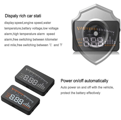 X5 HUD จอแสดงผลบนกระจกหน้ารถอเนกประสงค์ขนาด 3 นิ้วพร้อมระบบ OBDII EOBD, เซ็นเซอร์ตรวจจับแสง, ความเร็วในการหมุน, หน่วยความเร็วในการหมุน, เครื่องหมายหน่วย, แรงดันไฟฟ้า, อุณหภูมิของน้ำ, เครื่องหมายเตือน, X5 HUD 3 inch