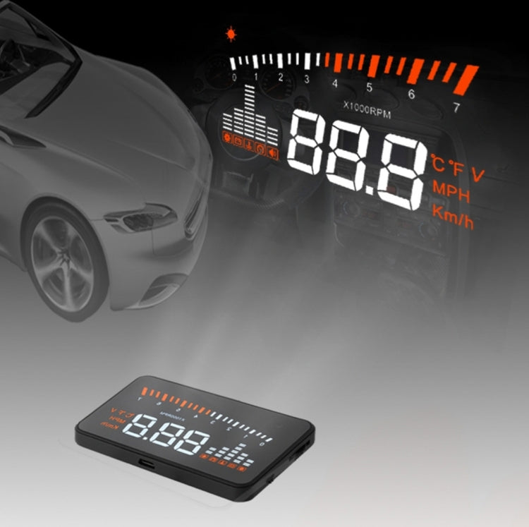 X5 HUD จอแสดงผลบนกระจกหน้ารถอเนกประสงค์ขนาด 3 นิ้วพร้อมระบบ OBDII EOBD, เซ็นเซอร์ตรวจจับแสง, ความเร็วในการหมุน, หน่วยความเร็วในการหมุน, เครื่องหมายหน่วย, แรงดันไฟฟ้า, อุณหภูมิของน้ำ, เครื่องหมายเตือน, X5 HUD 3 inch