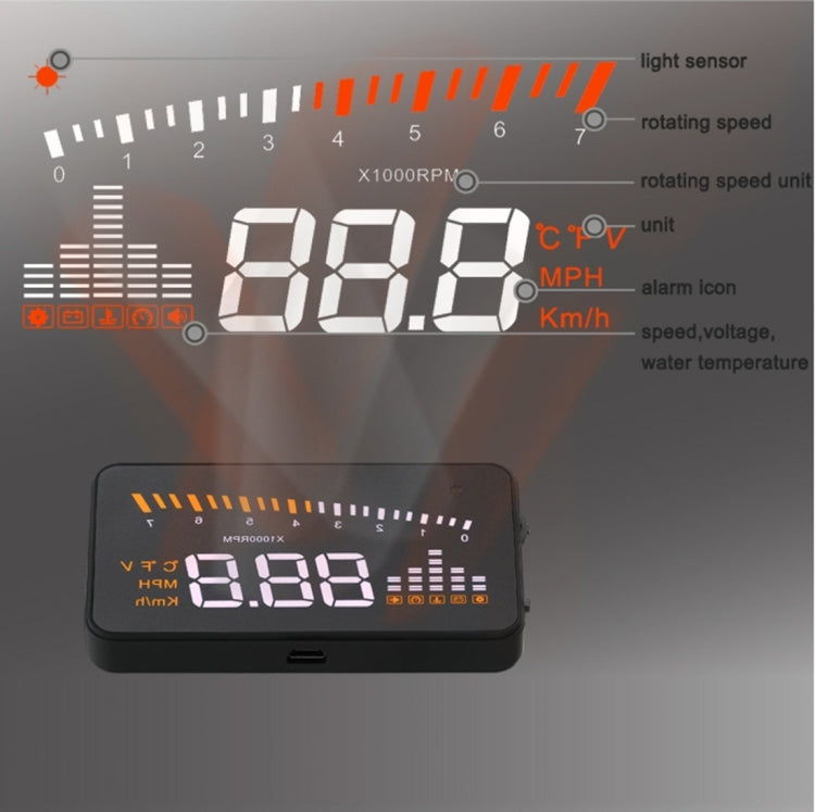 X5 HUD จอแสดงผลบนกระจกหน้ารถอเนกประสงค์ขนาด 3 นิ้วพร้อมระบบ OBDII EOBD, เซ็นเซอร์ตรวจจับแสง, ความเร็วในการหมุน, หน่วยความเร็วในการหมุน, เครื่องหมายหน่วย, แรงดันไฟฟ้า, อุณหภูมิของน้ำ, เครื่องหมายเตือน, X5 HUD 3 inch