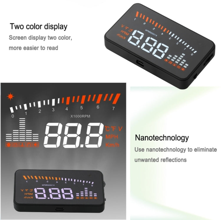 X5 HUD จอแสดงผลบนกระจกหน้ารถอเนกประสงค์ขนาด 3 นิ้วพร้อมระบบ OBDII EOBD, เซ็นเซอร์ตรวจจับแสง, ความเร็วในการหมุน, หน่วยความเร็วในการหมุน, เครื่องหมายหน่วย, แรงดันไฟฟ้า, อุณหภูมิของน้ำ, เครื่องหมายเตือน, X5 HUD 3 inch