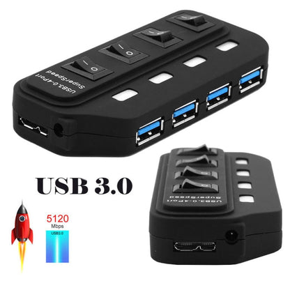 ฮับ USB 3.0 จำนวน 4 พอร์ตพร้อมสวิตช์แยกสำหรับแต่ละพอร์ตการถ่ายโอนข้อมูล