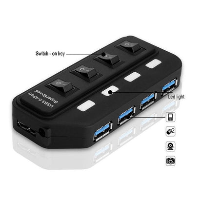 ฮับ USB 3.0 จำนวน 4 พอร์ตพร้อมสวิตช์แยกสำหรับแต่ละพอร์ตการถ่ายโอนข้อมูล