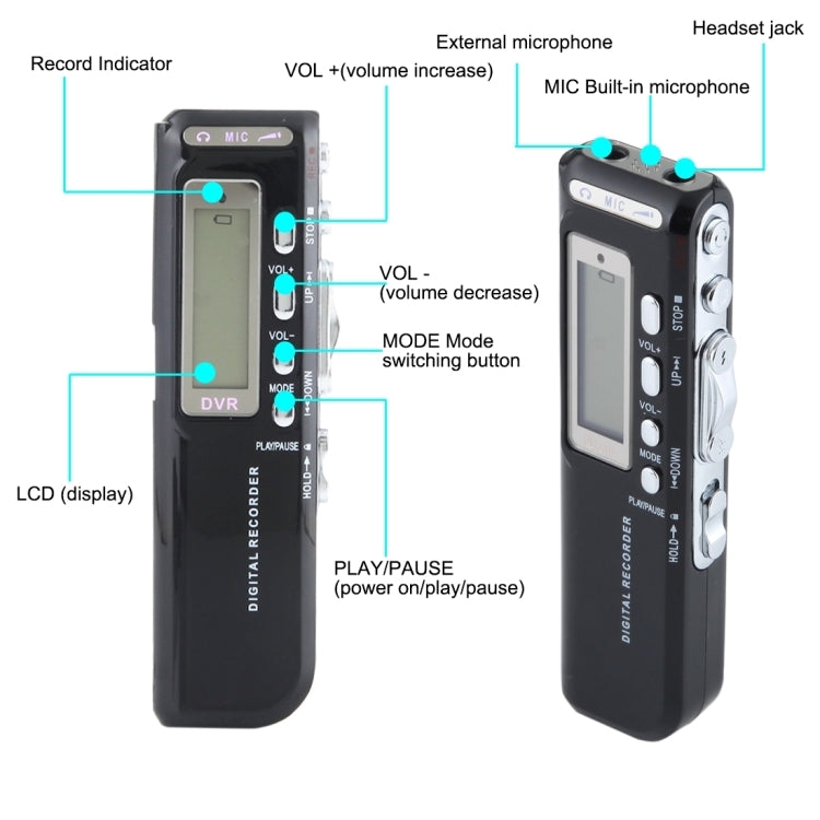 เครื่องบันทึกเสียงดิจิตอล 4GB เครื่องอัดเสียง MP3, รองรับการบันทึกโทรศัพท์, ฟังก์ชั่น VOX (สีดำ)