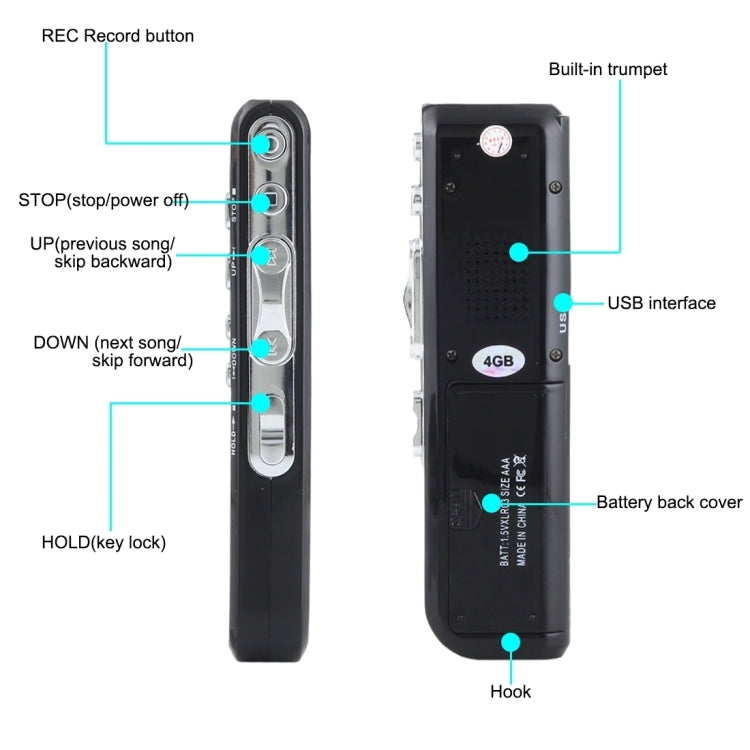 เครื่องบันทึกเสียงดิจิตอล 4GB เครื่องอัดเสียง MP3, รองรับการบันทึกโทรศัพท์, ฟังก์ชั่น VOX (สีดำ)
