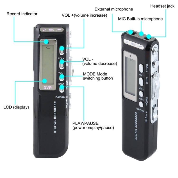 เครื่องบันทึกเสียงดิจิตอล 8GB เครื่องอัดเสียง MP3, รองรับการบันทึกโทรศัพท์, ฟังก์ชั่น VOX, แหล่งจ่ายไฟ: แบตเตอรี่ AAA x 2 (สีดำ)